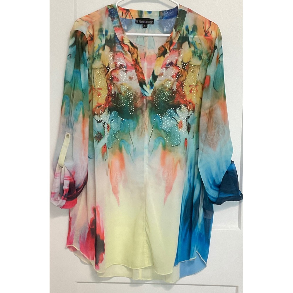 VTG Y2K PYRAMID Collection sheer BoHoโ floral shimmer tunic blouse fairy L NWOT